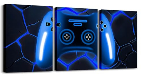 Homewish Gamer Leinwand Bilder Blau Schwarze Gaming 40x30cmx3Pcs Wandbilder | Gamepad Geometrische Wabenmuster Bilder Schlafzimmer Honeycomb Videospiel Bild Auf Leinwand Home Wall Art Dekor