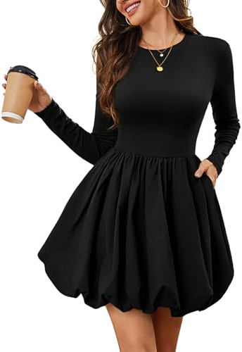 Meetjen Womens Long Sleeve Bubble Mini Dress for Teens Crew Neck Fall Homecoming Short Cocktail Party Dresses with Pockets Wedding Guest Black S