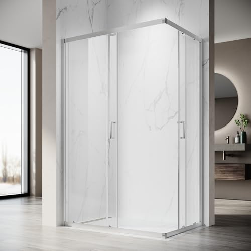 SONNI Cabine de douche d'entrée d'angle avec porte coulissante, 70 x 100 cm, verre de sécurité ESG 5 mm, paroi de douche avec revêtement nano, sans receveur de douche, chromée