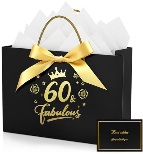60th Birthday Gift Bag with Tissue Papers & Greeting Card, Black | with Birthday Wrapping Paper, for Women Men 60 Year Old Present, Party Decorations Supplies (20 x 10 x 28 cm)