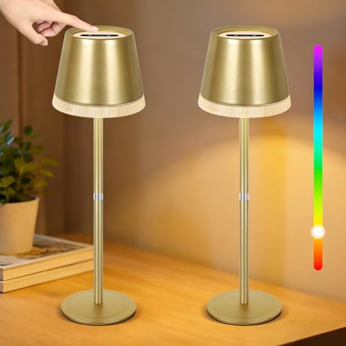 OUTON Tischlampe Kabellos mit 3 Farbmodi & RGB-Licht, LED Akku Tischleuchte Wiederaufladbar, Touch Steuerung, Stufenlos Dimmbar, Memory Funktion, IP54 Wasserdicht für Schlafzimmer, Bar & Café, Gold