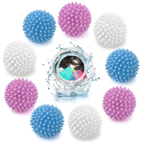 9 stycken torkbollar för torktumlare, tvättbollar, torkbollar, torkboll, återanvändbar tvättkula, tvättboll för tvättmaskiner, torktumlare, bollar, fluffigare tvätt (blå, vit, lila)