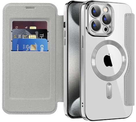 SIYOPINPFY Wallet Case for iPhone 16 Pro Max with Card Holder, Grey JD | [Compatible with MagSafe] [RFID Blocking] Premium Flip Leather Card Slots Holder , Magnetic Clear Back Shockproof Phone Case