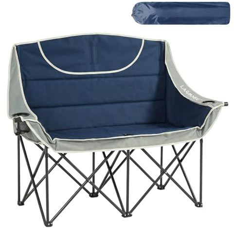LARMNEE Campingstuhl Faltbar für 2 Personen, Campingsofa, 2 Getränkehaltern, 200 KG Belastbar, Campingcouch Dick Gepolstert Klappstuhl, inklusive Tragetasche, Blau und Grau EBU03LC02