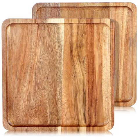 LiWiBet Solid Acacia Wood Serving Plates Set of 2– Square Wooden Serving Boards for Appetizers, Cheese & Desserts – Ideal Rustic Tableware & Decorative Tray