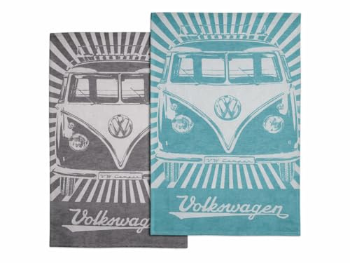 BRISA VW Collection - T1 Bulli Bus Geschirrtuch 2er Set | Volkswagen Küchentücher Handtücher Abtrocknen, Saugfähig Kochfest 70 x 50 cm, 60% Baumwolle 40% Leinen, Petrol/Schwarz