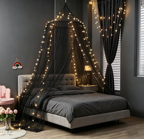 HanYun Betthimmel Mädchen mit 100 LED-Star Lichterketten, Moskitonetz für Bett, Bett Baldachin, Ultra große hängende Königin Baldachin Vorhang Netz für Reise Und Zu Hause Indoor Outdoor (Schwarz)