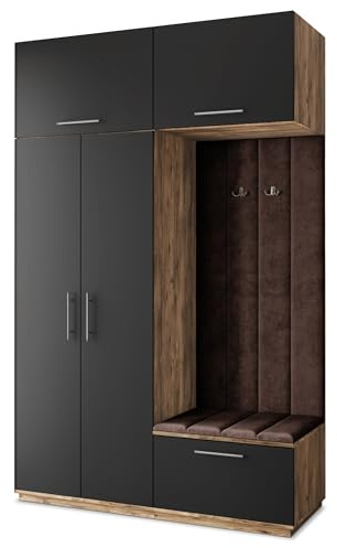 Masseno Flugarderoben Set Rema, Kleiderschrank-Set mit Sitzbank, Garderobenschrank Flur mit 5 Regalböden, Eiche Lefkas/Schwarz