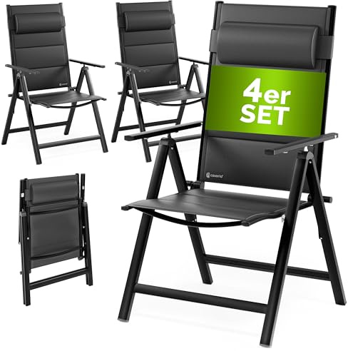 CASARIA® Sillas de Jardín Exterior Plegables Set de 4 Acolchadas Respaldo Alto Reclinable 8 Posiciones Carga 120Kg Aluminio Resistente Intemperie Estables Terraza Camping