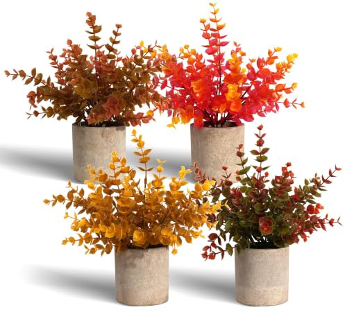 YVONNEYI Kunstpflanze Eukalyptus im Topf 4er Set, Herbstdeko,Halloween deko | 4 Farben, Herbstdeko, Tischdeko, pflegeleicht, täuschend echt, für Regal, Fensterbank, Büro, Wohnzimmer