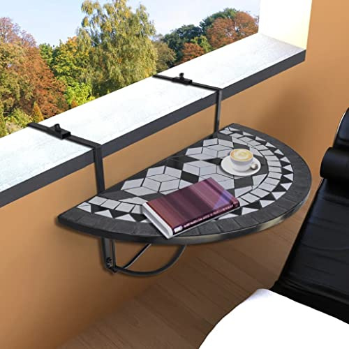 Kaloriko Mesa colgante para balcón con diseño semicircular de hierro y cerámica, 76 x 38 cm, plegable para barandillas de balcón de hasta 18 cm, ahorra espacio para terraza