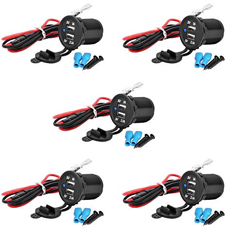 MMOBIEL Paquet de 5 Chargeur Universel USB étanche 2 Prises avec indicateur LED Bleu avec 2 Prises USB Dont 1x de Charge Rapide 2.1A 12V à Installer pour Utilisation sur Bateaux, Motos, quads, etc