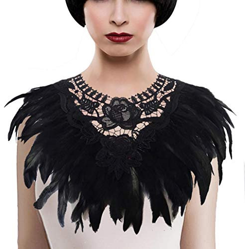 keland Gothic Feder Umhang Capelet Kragen Schultertuch Stola Bolero Federkragen Federumhang Maleficent Kostüm für Halloween Cosplay (Schwarz)