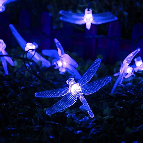 [30 LED 8 modes ] Guirlande Lumineuse Solaire,DINOWIN Imperméable Guirlandes libellule LED Décoration pour Extérieur jardin, patio, jardin, clôture, arbre de Noël, les fêtes, mariage (Bleu)