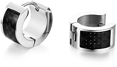 JewelryWe Schmuck Creolen Ohrringe, Edelstahl Kohlenstofffaser Kohlefaser, 7mm Breit Klassische Klapp-Creolen Ohrclips Ohrstecker Ohranhänger für Damen Herren, Silber Schwarz