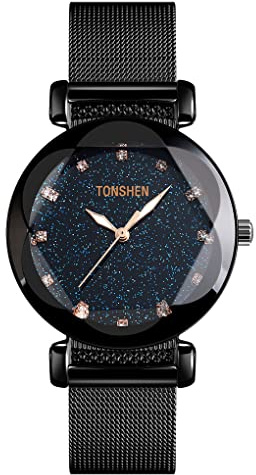 TONSHEN Damenuhr Luxus Elegant Analog Quarz Uhren Fashion Sternenhimmel Kristall Edelstahl Lünette Armbanduhr