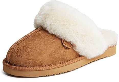 Dearfoams Damen Fireside Sydney Shearling Fur Indoor/Outdoor Scuff Slipper with Wide Widths Hausschuh, Kastanie, 39.5 EU Weit