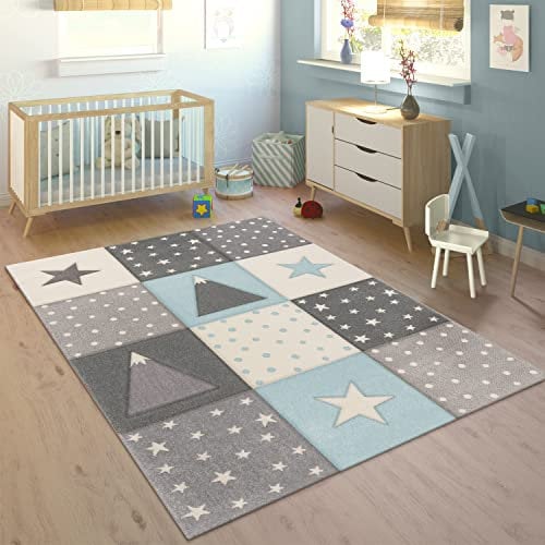 Paco Home Kinderteppich Teppich Kinderzimmer Junge Mädchen Pastell Modern Kariert Punkte Mond Sterne Weiß Grau Blau, Grösse:240x340 cm