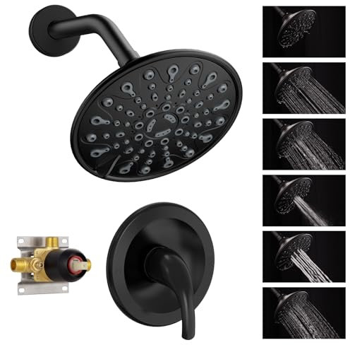 EMBATHER Ensemble complet de robinets de douche avec robinet de douche avec pommeau de douche à 6 pulvérisations, kit de garniture de douche à fonction unique, noir mat