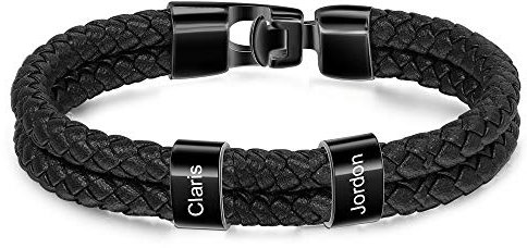 Personalisierte Armband mit 2~5 Name Perlen Herren Lederarmband Personalisiert Männer Braid Armband mit Namen Graviert Edelstahl Geschenk für Männer Vatertag (2 Name)