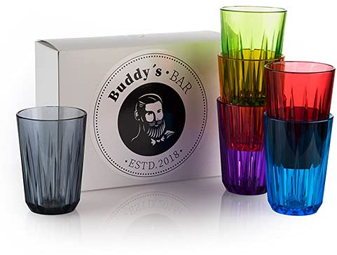 Buddy´s Bar - Lot de 6 verres en plastique Tritan de 0,3 l sans BPA, aspect cristal incassable, réutilisables et lavables au lave-vaisselle, 300 ml, multicolores