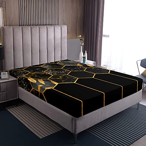 Marmor-Bettlaken, Schwarz-Grau Geometrisch Gold Karierte Bettwäsche-Sets, Moderne Luxus-Diamant-Bettlaken Mit Metallic-Streifen Bedruckt Bienenstock Hexagon Grid Bettwäsche Dekor Set, 90x200