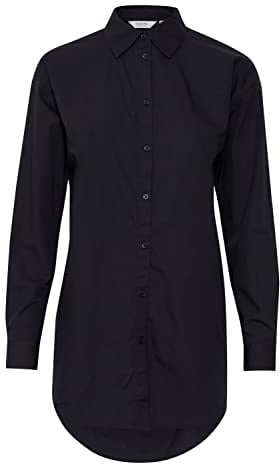 b.young BYGAMZE Damen Langarmshirt Langarmbluse Bluse Hemdbluse mit Stehkragen Langer Schnitt mit Knopfleiste aus 100% Baumwolle Oversize, Größe:40, Farbe:Black (200451)