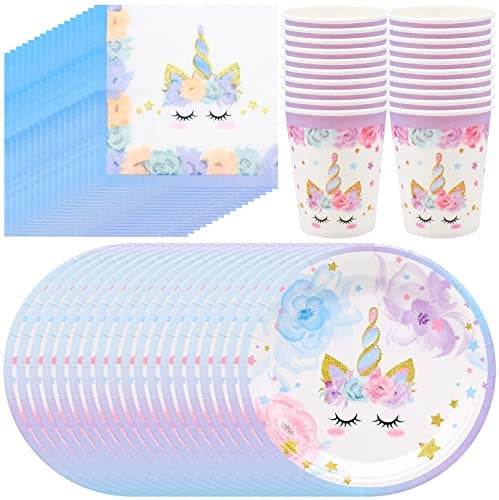 16 Invitados Vajilla Unicornio Platos de Papel Servilletas y Vasos, Suministros de Fiesta de Cumpleaños con Temática de Unicornio para niñas Niños Baby Shower