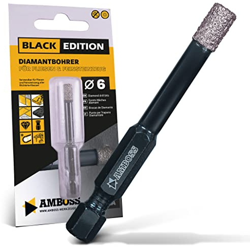 Fliesenbohrer Ø 6 mm/Sechskant Aufnahme - Amboss Black Edition Diamantbohrer - Fliesen/Feinsteinzeug/Keramik/Granitplatten - passend für Bohrmaschine/Akkubohrer