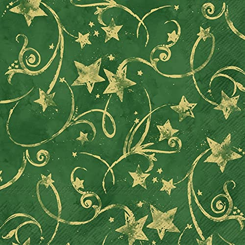 IHR Ideal Home Range - Servietten Goldstern STAR GARLAND green gold goldene Sterne Sternschuppen Sternenhimmel 20 St. Lunch-Servietten 33 cm x 33 cm
