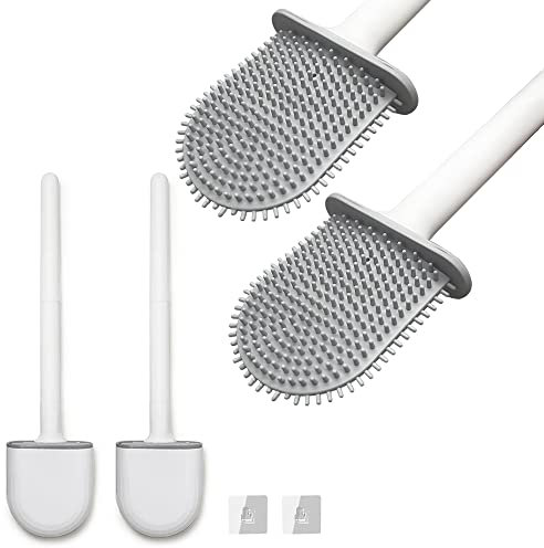 2 Escobilla WC de silicona con Puas de silicona, Secado Rapido. Escobilla para Inodoro, Bañera, Baño con Soporte para la Pared. Cepillo de limpieza creativo con base adhesiva.