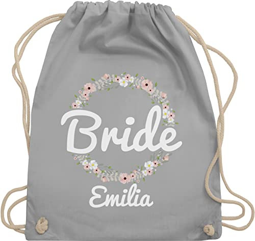 Turnbeutel Rucksack personalisiert - JGA Junggesellenabschied - Bride mit Blumenkranz weiss - Unisize - Hellgrau - junggesellinnenabschied beutel turnsack frauen rucksaecke jungesellinnenabschied