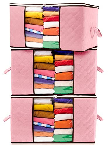 Stackzy Large Clothes Storage Bags – Sturdy Fabric Closet Organiser – Foldable Storage Solution for Closet or Underbed – Storage Bin with Reinforced Handles – 3pcs, Pink 90L Capacity