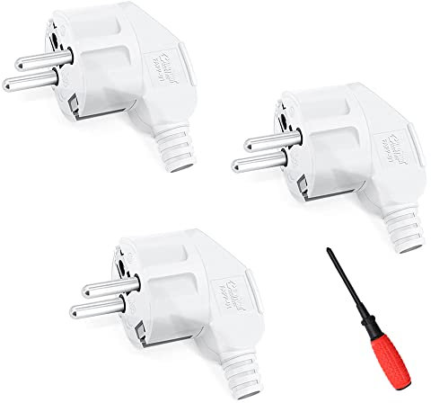CHEVVY 16A Schuko Plug Stecker, Winkelstecker 3 Stück Stecker 250V Schutzkontakt Stecker mit Zugentlastung Langlebig Kann für 8-10mm Kabel Spritzwassergeschützt und Langlebig IP20 Weiß