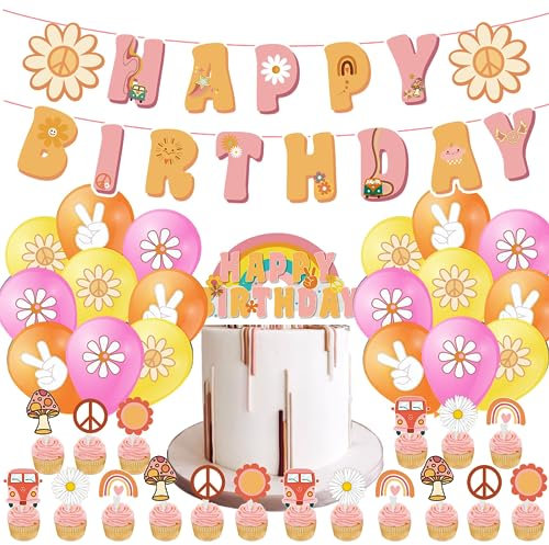 KOBOKO 32 Stück Geburtstagsdeko Gänseblümchen Deko,Happy Birthday Girlande,Cake Topper Geburtstag,Happy Birthday Deko,Böhmisches Gänseblümchen-Thema Geeignet als Dekoration für Geburtstagspartys