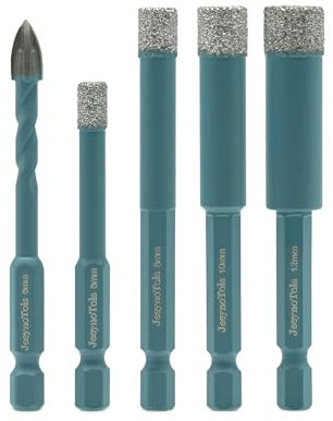 Broca diamante Bits Set 5pcs - JeeynoTols Sierra de 6/8/10/12mm 4pcs + Broca metal duro con mango hexagonal ajuste rápido 6m 1piezas para baldosas de porcelana cerámica mármol granito piedra