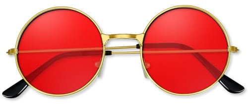 BOUBONI Hippie Sonnenbrille 70er Jahre Runde Hippie Brille Party Deko Sonnenbrille für Damen mit farbigem Brillenputztuch (Rot)