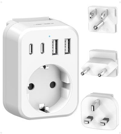 JSVER Adaptateur Prise Universelle, Adaptateur de Voyage vers USA/UK/Europe,Adaptateur Type B/G/C International avec 2 USB et 2 USB C 3680W Adaptateur Prise Irlande,USA, Canada,Singapore, HK