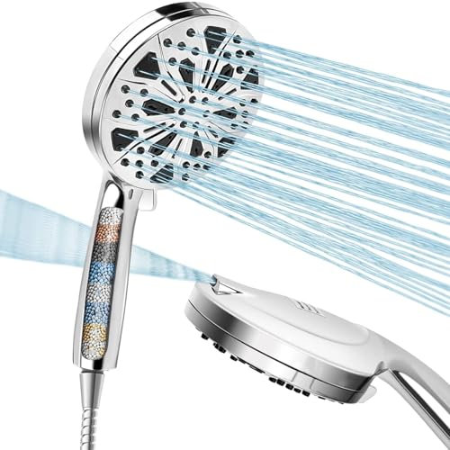 Shower Head and Hose 1.5M with Filter Kuyang High Pressure Shower Heads with 10 Spray Modes Large Powerful Flow Rainfall Showerhead for Low Pressure Hard Water Built-in Power Wash to Clean Tub