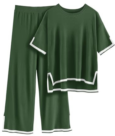Tuopuda Completi da Donna in 2 Pezzi Tuta Maglia Top a Maniche Corta con Spacco Autunno Larghi Lavorati a Maglia per Il Tempo Libero Set con Pantaloni, Verde, S