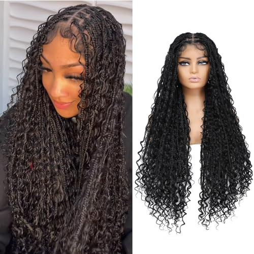 Humistwbiu Boho Box Zopf Knotenlose Göttin Locs Perücken mit Lockigen Enden, Doppelte Voll Lace-Front Quadrat Synthetische Geflochtene Perücken mit Babyhaaren für Frauen, Natur-Schwarz, 91 cm