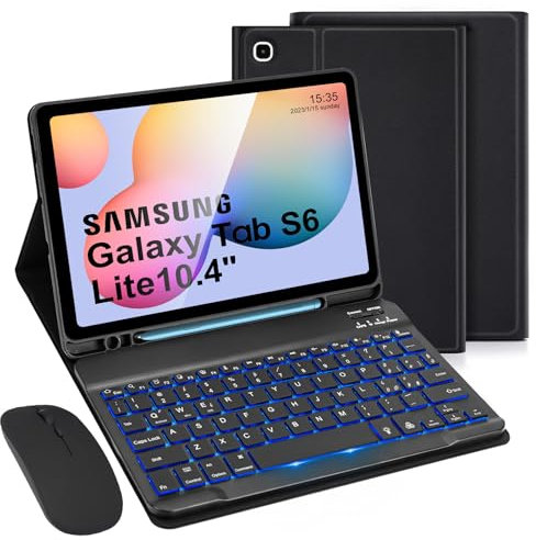 LAMA Custodia con Tastiera Wireless Retroilluminata con Mouse per Galaxy Tab S6 Lite 2020 10.4in (SM-P610/P615), Cover per tablet sottile con Supporto per Penna S Integrato e Tastiera Wireless, Nero