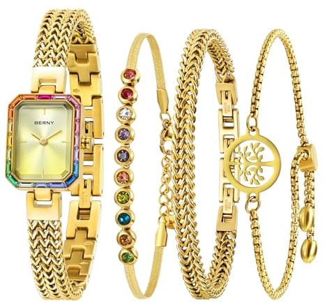 BERNY Frauen Uhr Armband Uhren für Damen farbige Steine Akzent Gehäuse 3ATM wasserdichte