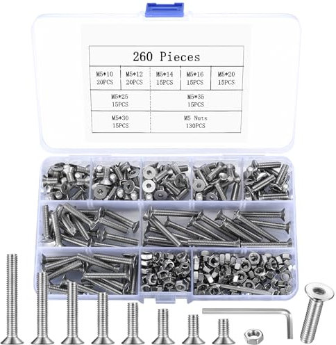 260 Pz M5 Bulloni e Dadi Set, Bulloni Viti a Testa Cilindrica Esagono Incassato, Bulloni Viti a Testa Svasata con Dadi, Bulloni a Testa Piatta e Dadi, Viti a Brugola in Acciaio Inox per Macchina