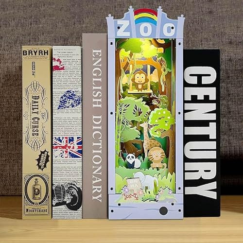 Habarri Book Nook, DIY Miniaturhaus Bausatz, 3D Holzpuzzles Set, Bücherecke für Erwachsene, Häuser Modellbausätze mit LED Leuchten, Miniatur Puppenhäuser Haus - Zoo-Abenteuer