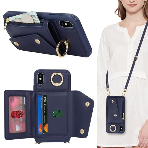 Lipvina Hülle für iPhone X/XS Hülle mit Band Kartenhalter handyhülle Hülle für iPhone X/XS mit Reißverschluss Band Ring Ständer Case für Frauen - Blau