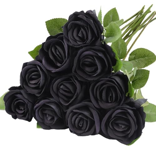 N&T NIETING Lot de 10 roses artificielles réalistes en soie à longue tige unique pour mariage, maison, fête, arrangement hôtel, jardin (noir, 51 cm)