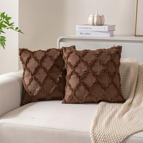 Ci & Ci 2er Set Boho Deko Kissenbezug 50x50 cm, Braun Kissen Sofakissen Dekokissen Zierkissen, Flauschig Kissenbezüge Kissenhülle für Sofa Couch