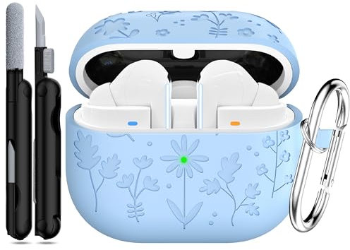 RFUNGUANGO Custodia con motivo floreale inciso compatibile con Samsung Galaxy Buds 3 e Galaxy Buds 3 Pro, custodia protettiva completa in morbida pelle di silicone,Azzurro chiaro