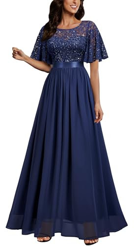 MIUSOL Women's Elegant Flutter Sleeves Lace Sequin Prom Bridesmaids Party Gown Formal Maxi Dress (Large, Navy Blue)